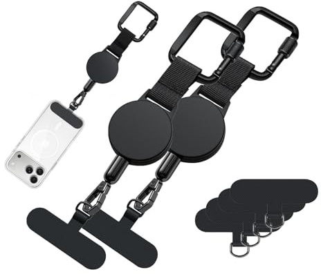 New&Teck Lot 2 Attache Téléphone Rétractable Anti-Vol avec 4 Patchs Noir – Cordon Antivol avec Mousqueton, Lanière en Acier Inoxydable Anti-Chute pour Ski, Randonnée, Escalade, Voyage, Cyclisme