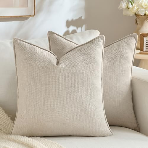 FDTERN 2er Set 50×50 cm Beige Chenille Kissenbezugset im modernen Dekor Einfarbiges, neutrales Design mit Borte Einzigartiges Design Geeignet für Schlafzimmer Wohnzimmer Sofa Bett und Wohnkultur