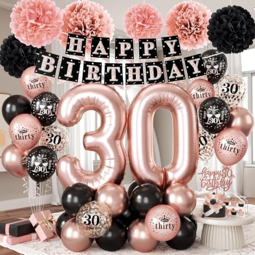 30th Birthday Decorations for Her, Rose Gold Black Confetti Latex Balloons Number 30 Foil Balloon Happy 30th Birthday Banner Cake Topper Paper Pom Poms for Women 30 Year Old Bday Party Decoration