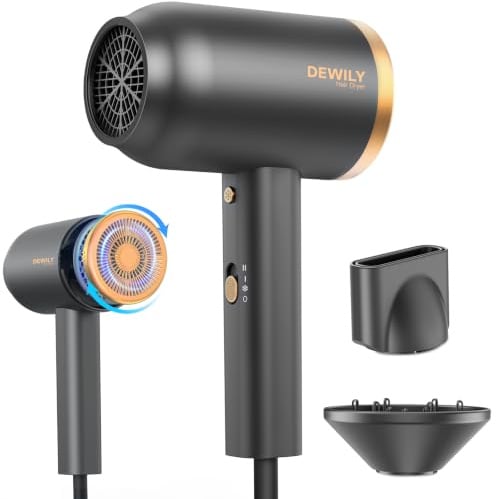 DEWILY Sèche-cheveux ionique avec diffuseur 1800W, séchage rapide, bouton chaud/froid, diffuseur thermostatique, 3 températures, 2 vitesses, avec concentrateur et boucleur, Noir Et Or