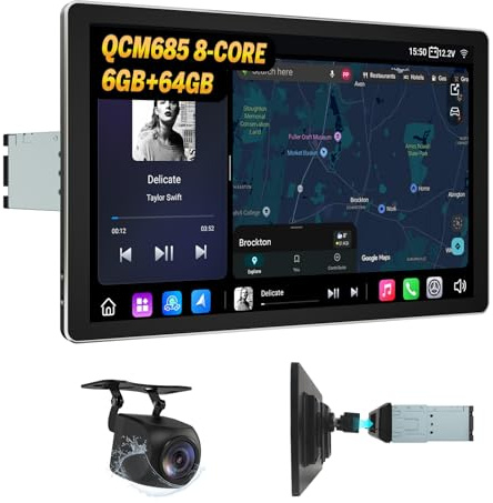 Eonon 10,95 pollici 1-Din con processore octa-core Android 13, 6+64 GB di RAM, 4G GPS, CarPlay, Android Auto, DSP, Bluetooth, mirroring dello schermo, schermo diviso e telecamera posterio