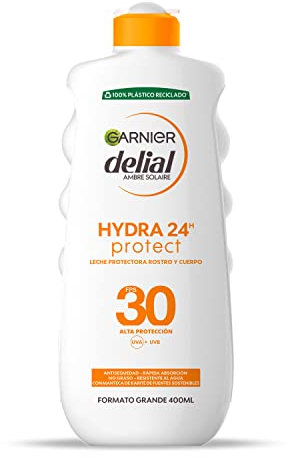 GARNIER DELIAL Crema Solar Textura Ligera Alta Protección FPS30 UVA/UVB UltraHidratante y Resistente Al Agua Formato Familiar 400 ml