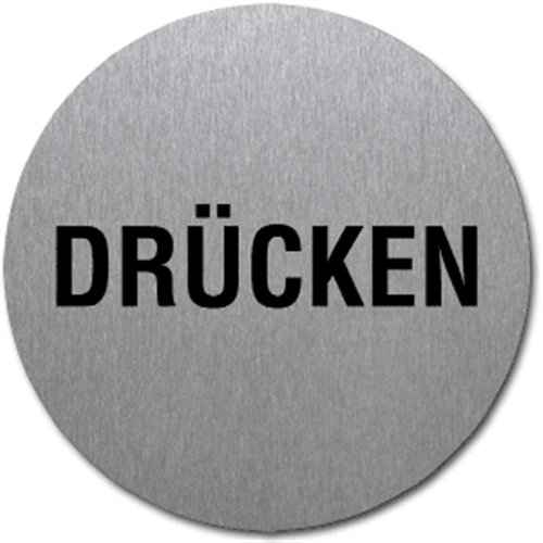 Türschild DRÜCKEN Edelstahl selbstklebend 5 cm Ø (Türaufkleber, Hinweis, Hinweisschild) praxisbewährt, wetterfest