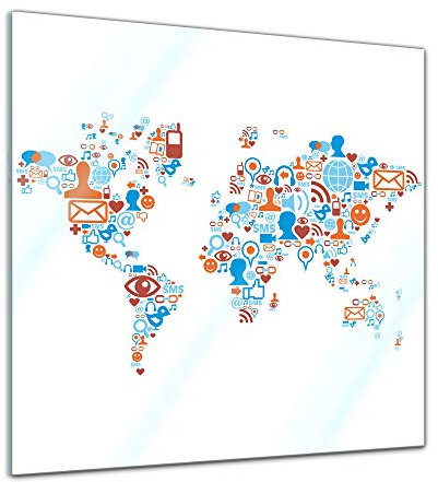 Glasbild - Weltkarte Piktogramme soziale Medien - 30x30 - Deko Glas - Wandbild aus Glas - Bild auf Glas - Moderne Glasbilder - Glasfoto - Echtglas - kein Acryl - Handmade