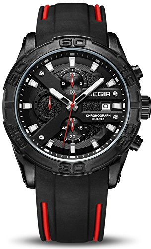 MEGIR Montre analogique à quartz pour homme avec bracelet en silicone souple noir chronographe lumineux calendrier automatique étanche (2055 noir), Chronographe