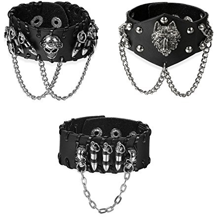 Aroncent 3PCS Herren Leder Armband Set Gotik Punk Totenkopf Schädel Patronenhülse Wolf Kopf schwarz breit geflochten Biker Armreif Manschette mit Ketten