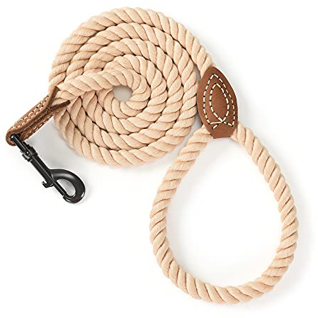 Mile High Life Laisse en Corde de Coton tressée avec poignée en Cuir et Fermoir Robuste en métal(Light Brown, 152 CM)