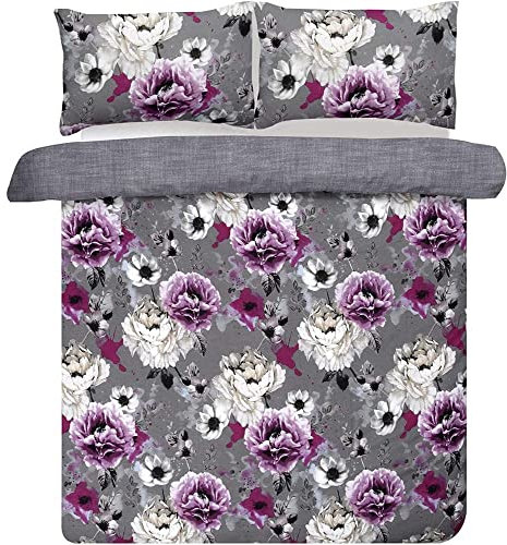 Sleepdown Duvet Cover Set - Grey - Inky Floral – Plain Reversible Quilt Cover Easy Care Bed Linen Soft Cosy Bedding Sets with Pillowcases - Double (200cm x 200cm)