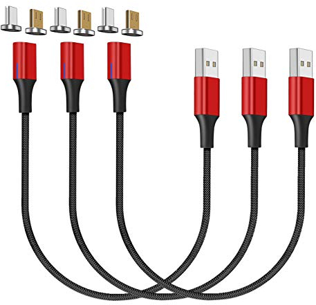 NetDot Gen10 Micro usb and USB-C Nylon Braided Magnetic Fast Charging Cable with Side LED compatible with Android Device(0.3m/3 pack red)