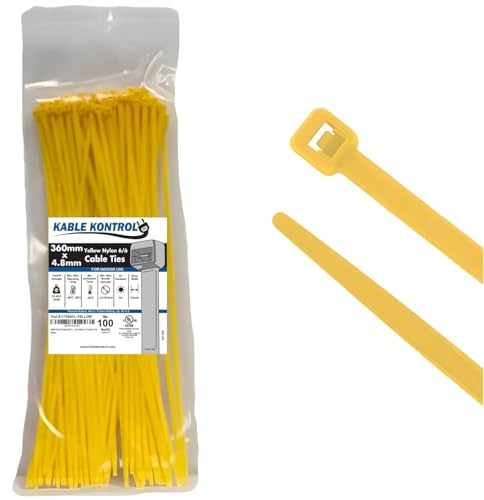 Kable Kontrol Yellow Cable Ties, 360 mm x 4.8 mm, Pack of 100, 14 Premium Nylon Zip Ties, Multi-Purpose Plastic Tie Wraps, Secure Self-Locking Mechanism, for Home, Garden, Office and DIY