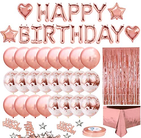 iZoeL Geburtstag Deko Rosegold Geburtstagsdeko Frauen Mädchen Happy Birthday Girlande Konfetti Luftballon Rosagold Partydeko Tischdeko Vorhang Tischdecke