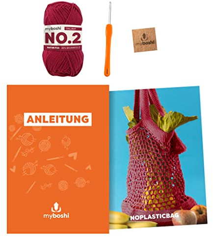 myboshi Häkelset Einkaufstasche noplasticbag, inkl. No.2 Wolle, Nadel und Anleitung, Häkelpaket, 85% Baumwolle, 15% Kapok Rot mit Häkelnadel