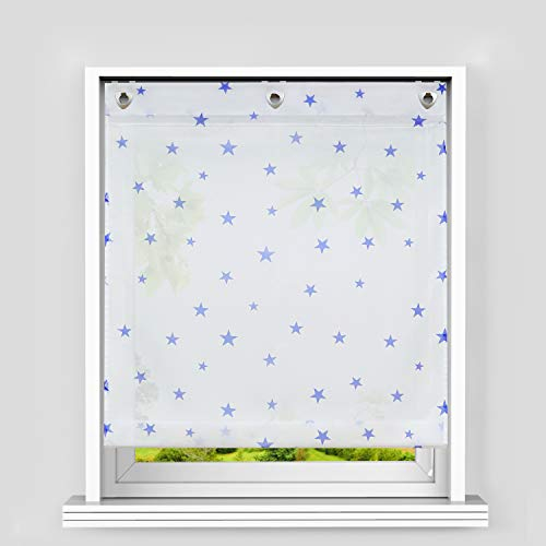 Heichkell Voile Ösen Raffrollo Sterne Muster Transparente Raffgardine mit Haken Feltenrollo ohne Bohren Kinderzimmer Vorhang BxH 100x140cm Weiß-Blau