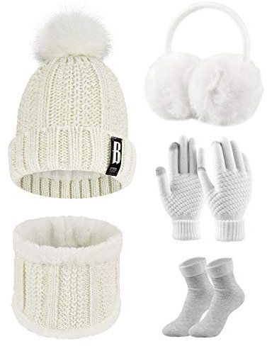 UMIPUBO 5 Pieces Women Winter Knitted Hat and Scarf Set Ski Outing Set Plush Ear warmers Scarf Beanie Hat and Touch Screen Gloves Set Hat Scarf Gloves Earmuffs Stockings for Outdoor Sports