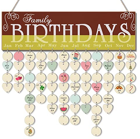Flexzion Familien-Geburtstags-Holztafel zum Selbermachen an der Wand zum Aufhängen, Geburtstags-Erinnerung, Kalender-Tafel für Heimdekoration, Erinnerung mit 50 Holzscheiben-Anhängern, Pedimenten