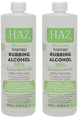 HAZ Isopropyl 50% Rubbing Alcohol Winter Green 500ml, 2 Pack, First Aid Antiseptic Disinfectant Cleanser & Cleaning, Lab Grade, IPA Isopropanol for Bathing, Massaging