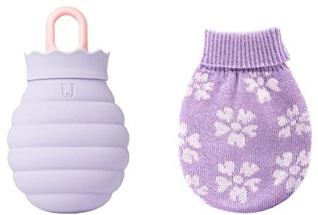 UKKO Hot Water Bottles Silicone Hot Water Bottle Microwave Oven in Vivo Winter Gel Hand Warmer Heating Silicone Bottle Knitted Cover-Purple