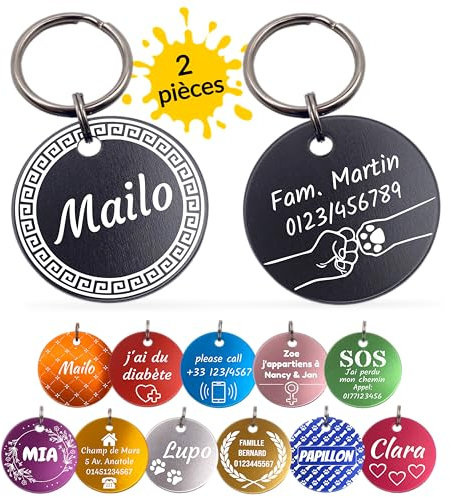 Unikat Branding 2x Medaille chien et chat avec Gravure | Plaque Identification personnalisée pour chien et chat | Pendentif Chien personnalisé avec porte-clés | Médaillon 2 côtés | jaune| 35mm