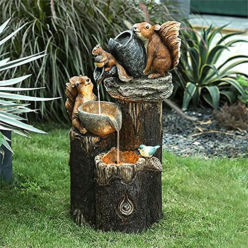 Junerain Caractéristiques d'eau extérieures pour jardin, statue d'animaux avec lampes solaires, fontaine à eau écureuil, sculpture extérieure en résine, fontaine à eau pour décoration de terrasse