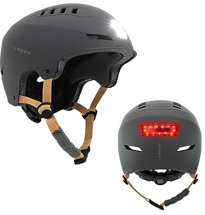 Casco con luz OLSSON Urban Light Antracita Talla S/M Ajustable, Homologado y Resistente Impactos 360º,LED Frontal+Trasero, Forro Desmontable, ventilación, Apto para patinetes,Patines,Bicicletas