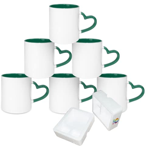 MR.R Sublimationstassen aus Keramik für Spülmaschinen, blanko, beschichtete Tasse, Sublimationstassen, klassische Tasse mit dunkelgrünem Innenbecher und Herzgriff, 334 ml, 6er-Set