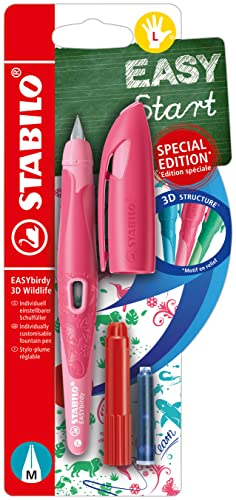 STABILO Stylo plume enfant EASYbirdy 3D Wildlife - Blister x 1 stylo plume gaucher + 1 clé de réglage - rose