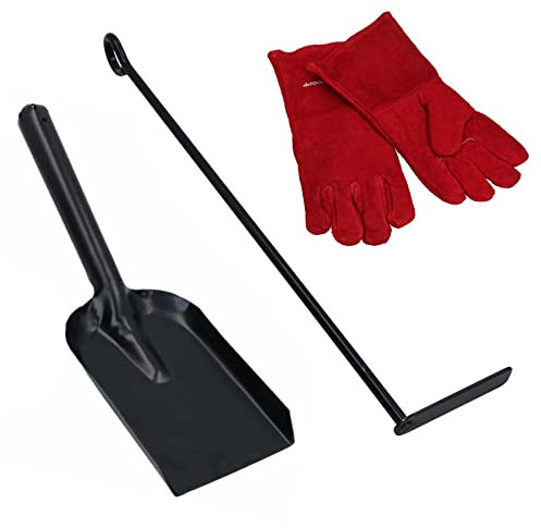 AB Tools L Ash Rake Scraper, Shovel & Gloves Wood Burner Fire Coal Steel Metal Black
