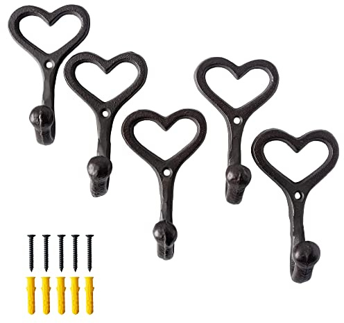SMKOLIN 5 Pcs Love Heart Coat Hooks 3.8'' Cast Iron Wall Hooks Decorative Keys Mugs Bags Towels Hanger