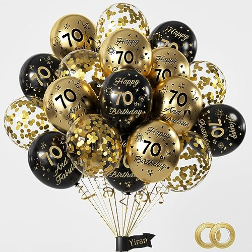 Yiran Luftballons 70.Geburtstag Deko,15 Stück 70.Geburtstag Junge Mädchen Schwarz Gold Deko, Happy Birthday Ballons Schwarz Gold Deko, Deko 70.Geburtstag Konfetti Luftballons, Birthday Party Deko