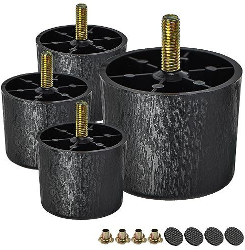 TCHOSUZ 3 inch / 8cm Plastic Furniture Legs, Pack of 4 Mid Century Modern Plastic Light Tapered Wood Grain Replacement Feet with M8 Hanger Bolts & T-Nuts for Sofa Couch Bed Riser