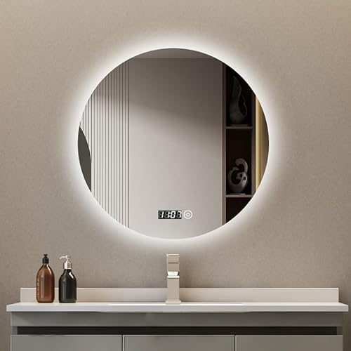 Goezes Badspiegel mit Beleuchtung 60cm LED Rund Badezimmerspiegel 3 Farben Lichtspiegel Bad Schminkspiegel, 3000-6500K Warmweiß/Kaltweiß/Neutral LED Licht, Badspiegel mit Touchschalter + DIGITAL Uhr