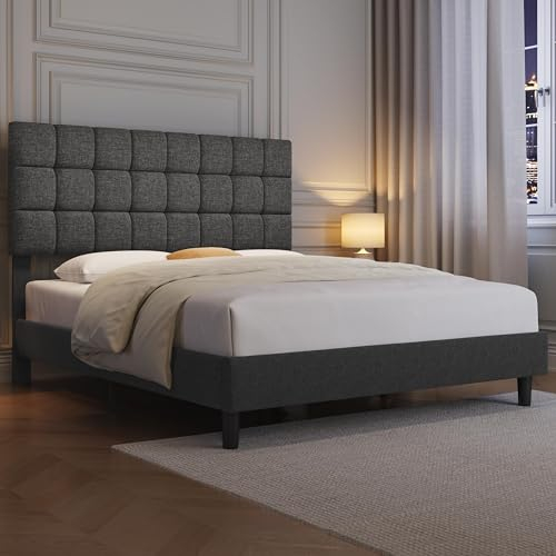 Yaheetech Lit Double Rembourré 160x200cm, avec Tête de Lit Réglable en Hauteur, Cadre de lit Capitonné avec Sommier à Lattes, Lit pour Adultes 2 Personnes, en Bois et Métal, Gris Foncé