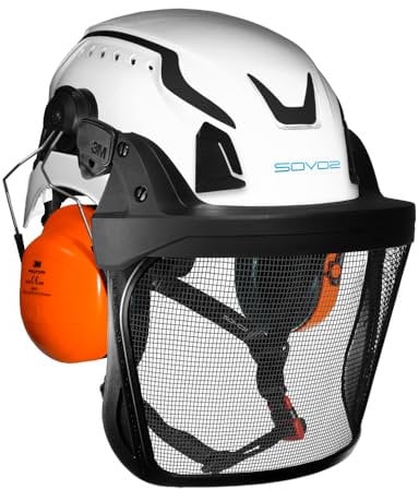 SOVOS S3200 Pro Forestry Chainsaw Helmet With Chin Strap (White Hi Viz), 28SNR Ear Defenders & HD Metal Mesh Visor