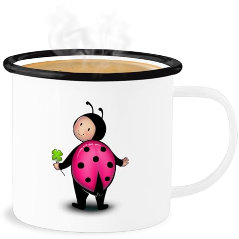 Emaille Becher Blechbecher - & Tassen - Marienkäfer - Kindergarten Fasching Karneval Kinder - 300 ml - Weiß Schwarz - fasching- kita tasse carnevale käfer karnevals marienkaefer faschings