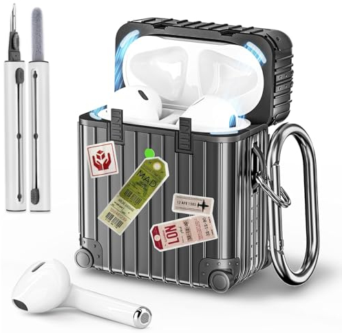 VISOOM Kompatibel mit Airpods Hülle mit Reinigungsset Cute Apple Airpods 2nd & 1st Generation Case Cover, Voller Schutz Weiches TPU Suitcase Schutzhülle mit karabiner[Front-LED Sichtbar],Black