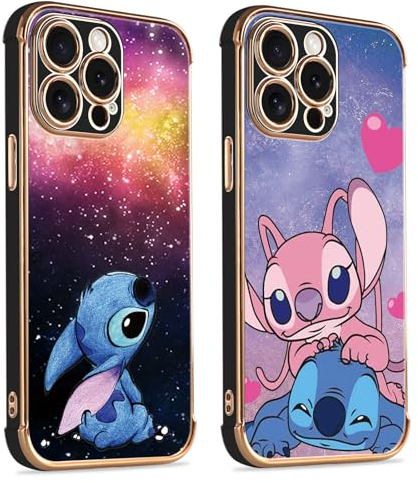 2 Stück Karikatur Stitch Handyhülle Kompatibel mit iPhone 15 Pro Max Hülle 6,7,Cartoon Anime Muster Galvanisierte Schutzhülle Weich TPU Stoßfest Dünn Case mit Kameraschutz Bumper Case,Schwarz,04