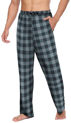 Ekouaer Herren Pyjamahose Lang Weich Atmungsaktiv Pyjamahose Kariert Herren PJ Hose mit Taschen und Knopfleiste Grau Schwarz M
