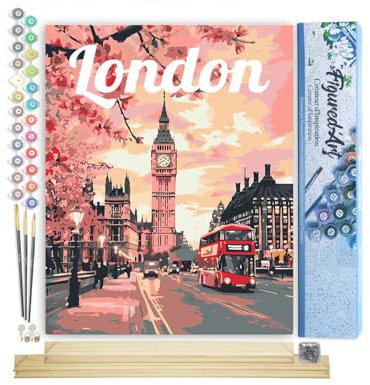 Figured'Art Peinture par Numéro Adulte avec Cadre Affiche de voyage Londres en fleurs - Activité Manuelle Kit de Loisir Créatif DIY Numéro d'Art Complet - 40x50cm avec châssis en bois à monter