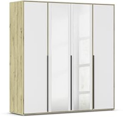 Rauch Möbel Nagata, Drehtürenschrank, Kleiderschrank, Kleiderschränke, Garderobe, 4-türig, 2 Spiegeltüren, Spiegel-Glas teilaufgelegt, Farbe Weiß-Eiche Artisan, Holz, 187x194x53cm