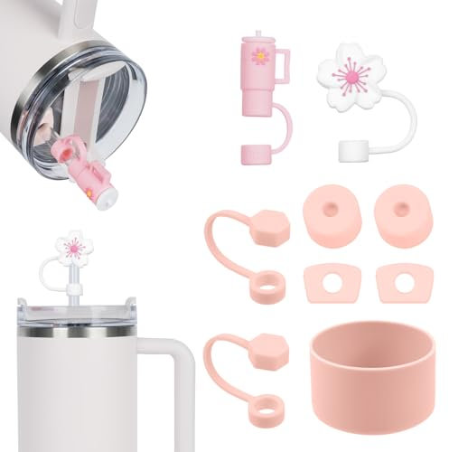 AUAUY Accessories for Stanley Cup, 2PCS 9-10mm Straw Cover Cap, 6PCS Silicone Spill Proof Stopper, 1PCS Silicone Boot for Stanley Cup 40Oz&30Oz Decoration Accessories (Cup Not Including, Pink)