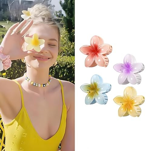 Frogetu 4 Mollettone con Fiore, Pinza per Capelli Donna Antiscivolo, Forte Tenuta, Hawaii, Grande Pinza Capelli
