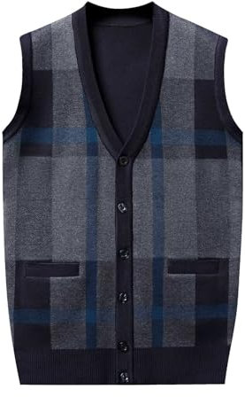 Generic Men's Navy Wool Blend Sleeveless V-Neck Cable Knit Cardigan