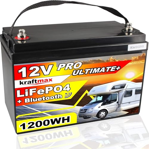 Kraftmax 12V / 100AH LiFePO4 Akku Lithium Batterie mit BMS ersetzt 12 V / 100 AH Bleiakku - Hochleistungs- Akku inkl. Bluetooth 1280Wh