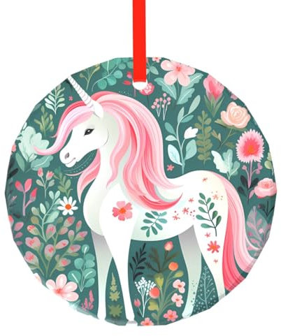 Weihnachtsschmuck, Einhorn mit rosa Haaren, rundes Glasornament, Weihnachtsbaum-Hängedekoration, für Zuhause, Feiertage, Partys