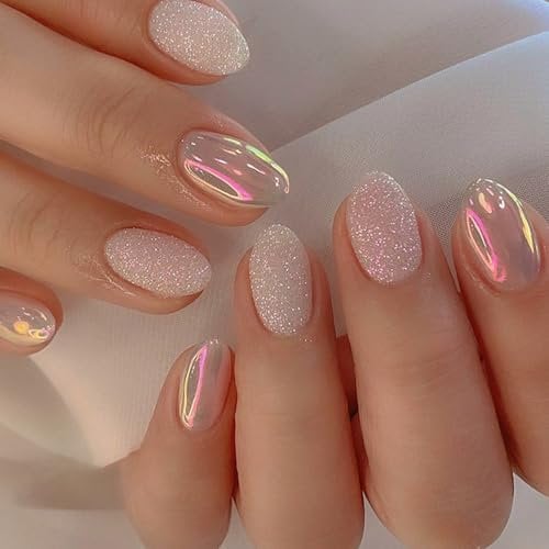 False Nails Short Oval, 24Pcs Aurora Press on Nail Glitter Pink Almond Fake Nails with Glue, Reusable Acrylic Full Cover Oval Glue on Nails for Women Girls Nail Art Accessories