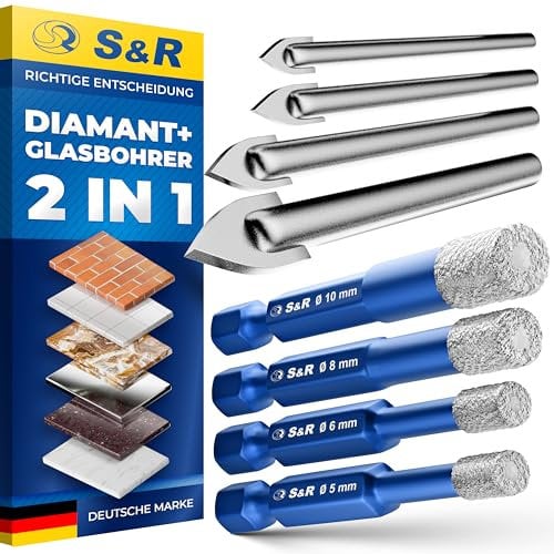 S&R Diamantbohrer Set 8-tlg, 4 x Diamant-Bohrer 5, 6, 8, 10 mm, 4 x YG8 Karbid Hartmetall-Bohrer 4, 5, 6, 8 mm, für Harte Keramik, Fliesen, Granit, Glas, Porzellan, Marmor, Feinsteinzeug, in Rundbox