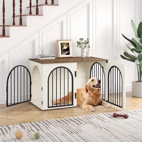Hzuaneri Hundekäfig Möbel, 100cm Hundebox für Zuhause, 3 Türen, Bogentür, Moderne Hundebox Indoor für Hunde, Beistelltisch, Hundekäfig Hochbelastbar, 60 x 100 x 63 cm, Weiß Braun DFC84114B