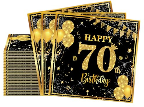 Schwarz Gold Servietten 70. Geburtstag Mann Frau, 20 Stück 33 X 33cm Happy Birthday Papier Servietten 70 Deko, 2-Lagig Cocktail Serviette 70 Geburtstag für Feier Jubiläum Tischdekoration