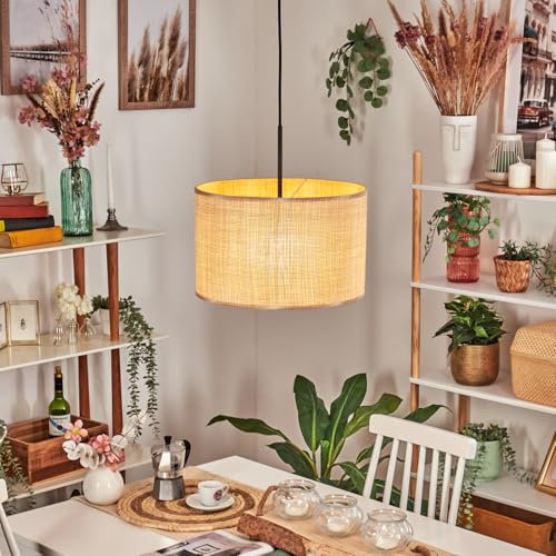 HOFSTEIN Hängeleuchte Sabadim, Hängelampe aus Metall/Papiergeflecht/Stoff in Schwarz/Natur/Braun, Pendelleuchte im Retro/Vintage-Design (Ø 35 cm), E27, max. 149 cm, Esszimmer, Wohnzimmer, Küche, Flur