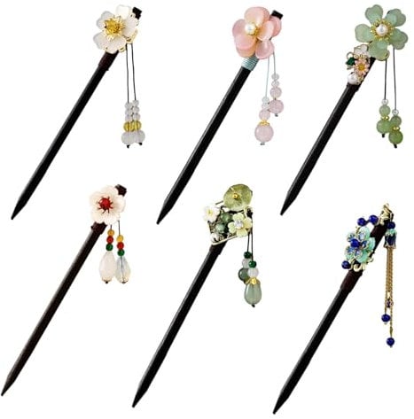 6 Pack Chinese Wooden Hair Sticks,Retro Hanfu Flower Hair Sticks,Vintage Chinese Hairpins Chopsticks with Bead Pendants,Women's Accessories Ideal for Birthday Parties,Wedding